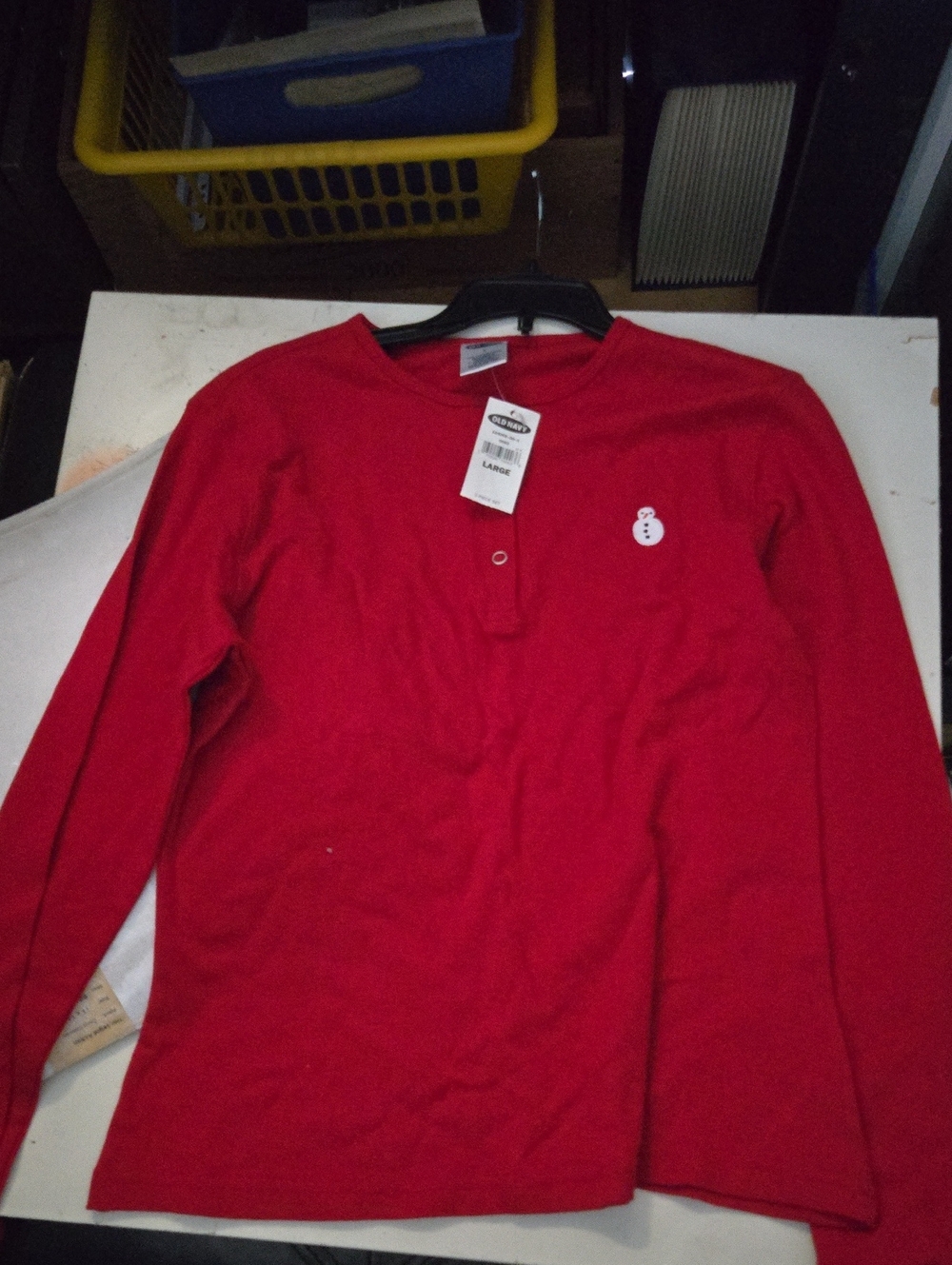 Old Navy Red Long-Sleeve Henley with Snowman Patch